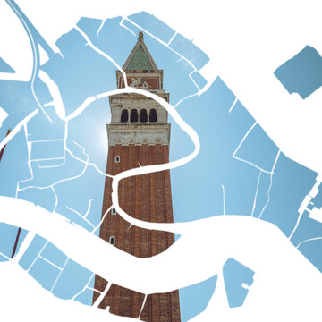 Creative Venice Map Silhouette Overlay on St Mark's Campanile