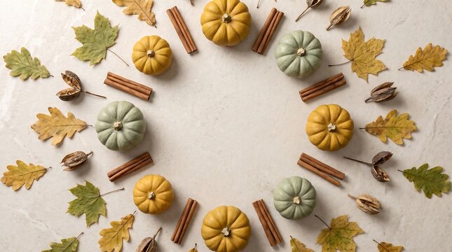 Autumn harvest pumpkins and cinnamon sticks arranged in festive Halloween flat lay circle on stone