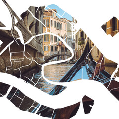 Artistic Venice City Map Silhouette Collage with Gondola and Canals © Marco