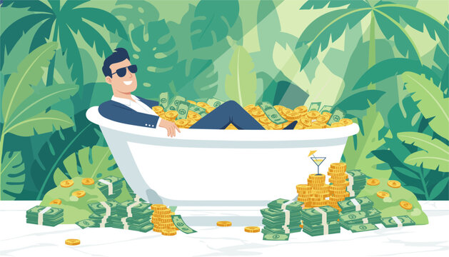 Wealthy businessman in a blue suit relaxing comfortably in a white bathtub filled with stacks of cash and gold coins in a jungle.