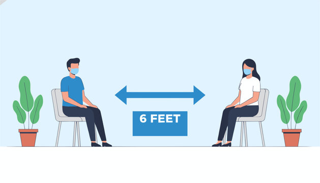 Man and woman wearing face masks and sitting on chairs while maintaining six feet of social distance in a public space.