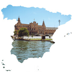 Beautiful Plaza de España in Seville inside Spain Map Silhouette © Marco