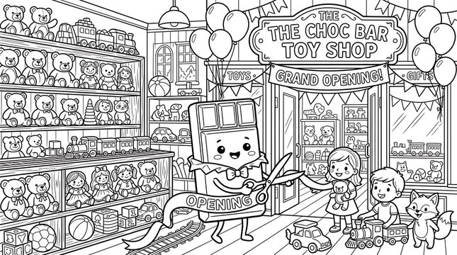 A black and white coloring page showing a chocolate bar character cutting a ribbon at the grand opening of a toy shop filled with teddy bears