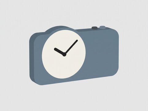 Minimalist 3D illustration of a camera with a clock face lens, representing time lapse photography concept.