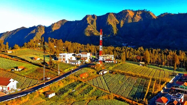 Aerial view of Cemorolawang village with terraced agricultural fields and a communication tower set against mountains in Kecamatan Sukapura, Jawa Timur, Indonesia.