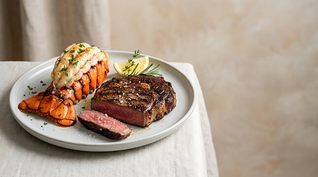 Grilled beef steak and lobster tail served on a round plate for a delicious surf and turf gourmet meal. lobster tail and steak