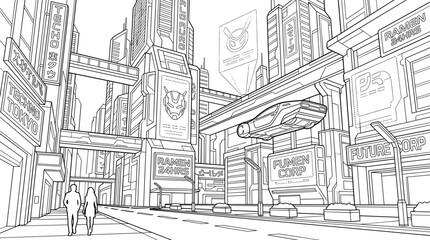 Futuristic city street scene with flying car, towering buildings, and pedestrians. Line art illustration. © Zanu