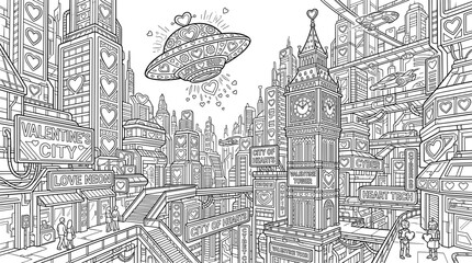 Fototapeta premium Futuristic city with heart motifs, a UFO, and flying vehicles, line art illustration