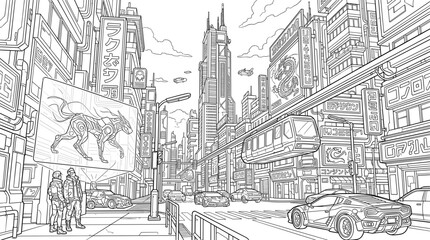 Obraz premium Futuristic cityscape with towering buildings, flying vehicles, and a monorail train, line art illustration