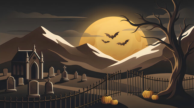 Spooky halloween graveyard with a big full moon and flying bats at night in dark forest isolated on transparent background, Vector