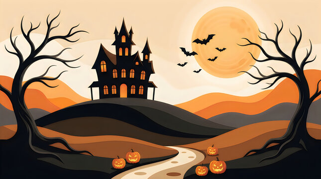 Spooky haunted house with bats and glowing pumpkins on a hill during a dark orange sunset night isolated on transparent background, Vector