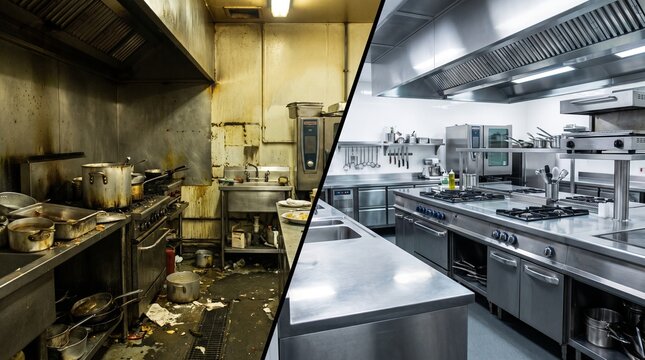 Split Screen Comparison of Messy Dirty Restaurant Kitchen and Clean Modern Stainless Steel Commercial Kitchen. Dirty versus clean commercial kitchen. Commercial Kitchen Dirty Versus Clean Restaurant