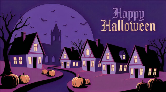 Happy halloween greeting card with a spooky village landscape scene at night under a full moon isolated on transparent background, Vector