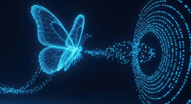Glowing digital butterfly flying into a blue neon technology portal illustration futuristic