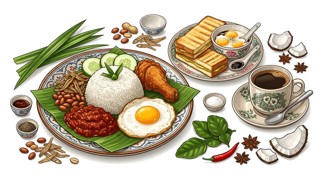 Delicious Singaporean and Malaysian Street Food Feast Concept Art for Restaurant Menu, Food Delivery, and Marketing