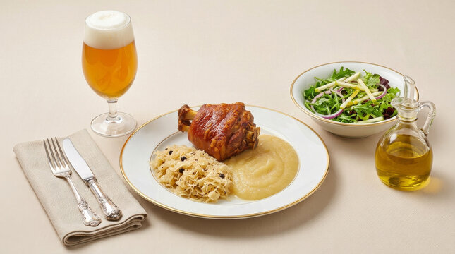 Traditional Smoked Pork Knuckle with Sauerkraut, Applesauce, and Arugula & Onion Salad, served with German Beer.