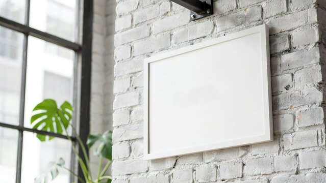 Empty white rectangular frame on a painted white brick wall
