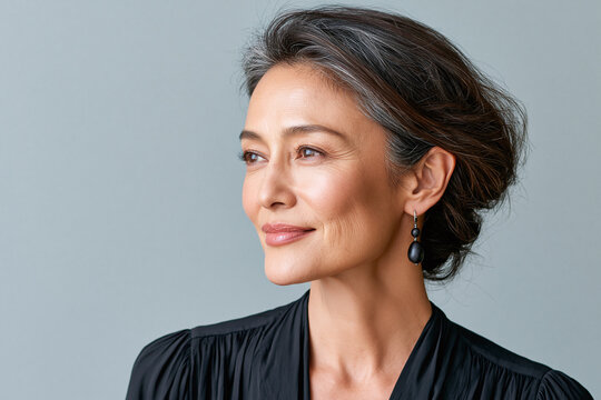 Elegant middle aged woman with radiant skin and subtle smile wearing black blouse and teardrop earrings, studio portrait emphasizing natural beauty and graceful confidence