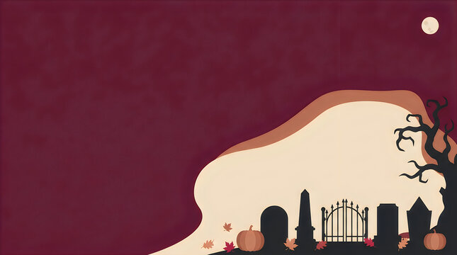 Spooky halloween graveyard scene with pumpkins and a full moon in the dark night sky isolated on transparent background, Vector