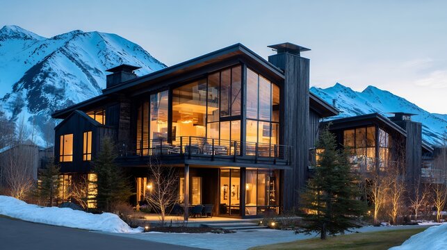 Modern mountain lodge charred wood Shou Sugi Ban exterior and massive glass windows snow capped peaks in the background warm interior glow