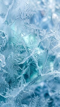 Macro close up view of intricate ice crystals forming beautiful patterns on a frozen surface.