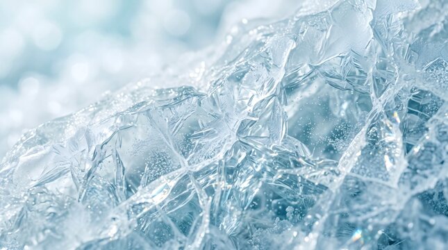 Close up macro view of textured blue ice surface with cracks.