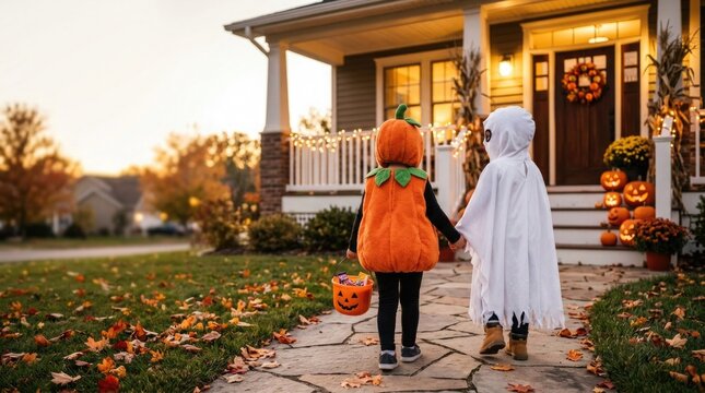 Two young children dressed in halloween costumes walking up to a house for trick or treat at sunset