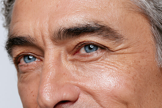 Elderly man close up blue eye wrinkle skin texture cheekbone smile lines portrait detail natural light