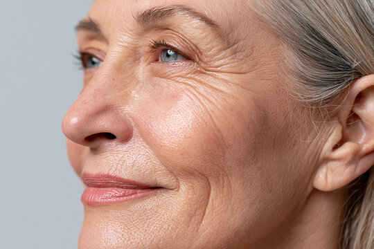 Elderly Chilean woman portrait with closeup macro detail of skin texture, wrinkles, gray hair, blue eye and gentle smile expressing wisdom and confidence