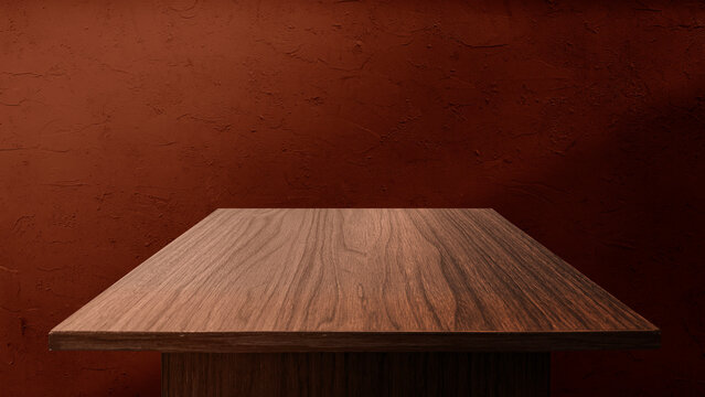 Empty wooden tabletop podium product display mockup perspective background template with dark red terracotta plaster wall, studio lighting for food object presentation layout design.