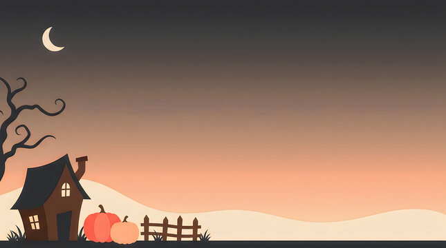 Spooky haunted house with pumpkins and a crescent moon in a dark night sky for halloween background isolated on transparent background, Vector