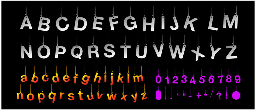 Full alphanumeric alphabet set with neon letters numbers and symbols hanging on glowing strings against black vector background.