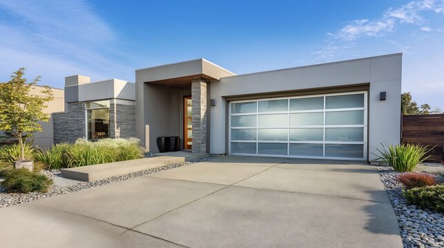 Modern suburban home a flat roof large garage with a frosted glass door neat gravel driveway and minimalist landscaping