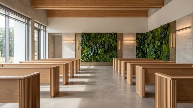 Empty modern chapel interior with wooden pews and green wall.