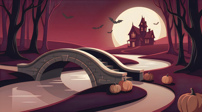Spooky haunted house with a stone bridge and full moon in a dark forest during halloween night isolated on transparent background, Vector