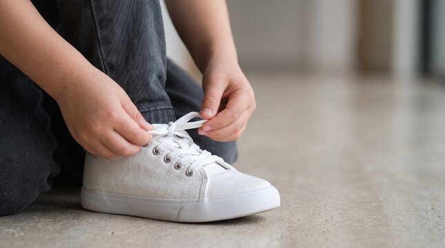 Close-up of child hands tying shoelaces on white sneaker.