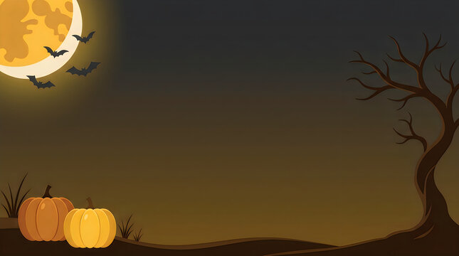 Full moon night with flying bats and orange pumpkins in a scary forest for halloween party isolated on transparent background, Vector