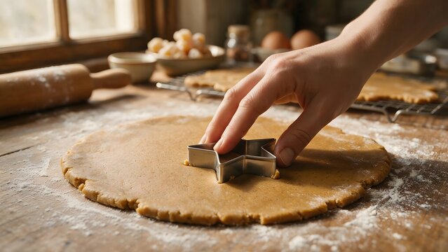 Star-shaped cookie cutter pressed firmly into rolled gingerbread dough sheet. Holiday baking concept