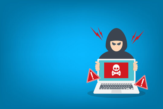 Cybercrime Criminal Hacker Holding Laptop with Digital Warning