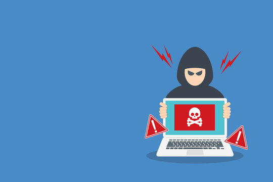 Internet Security Warning with Hacker and Dangerous Laptop Threat