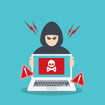 Ransomware Hacker Threat with Infected Laptop and Warning Signs