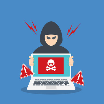 Digital Security Threat with Hacker Holding Laptop and Warning Symbols