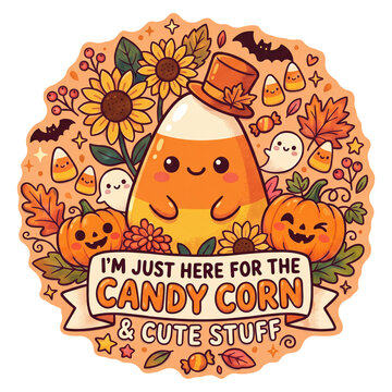 Cute Candy Corn Halloween Illustration with Pumpkins, Ghosts, Bats, and Autumn Elements