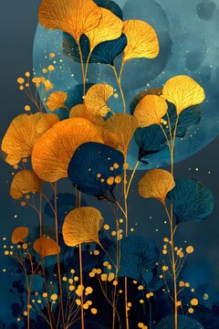 Luxury moonlit botanical wall art, elegant botanical branches with delicate leaves, metallic gold foil veins.