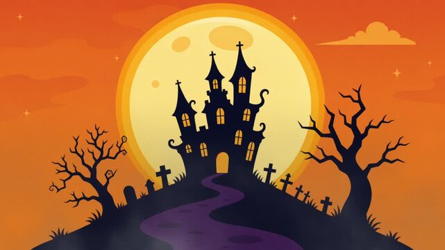 Halloween Haunted Castle Animation with Full Moon, Dead Trees and Dark Path