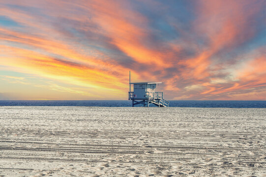 Lifeguard station on the beach, Santa Monica, California.