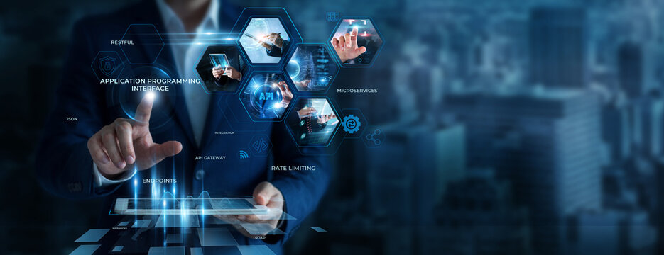 Businessman Using Tablet for Analyzing API Data. Managing software connections, improving digital integration, supporting application development, and enhancing modern technology services.