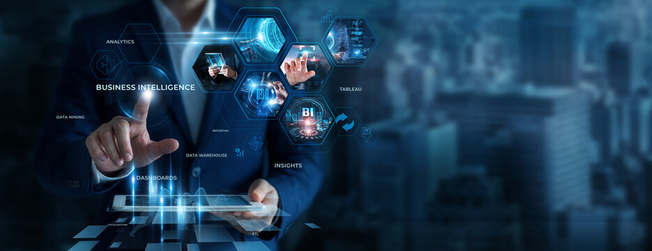 Businessman Using Tablet for Analyzing BI (business intelligence) Data. Monitoring business insights, analyzing performance reports, improving strategic decisions,  data driven management solutions.