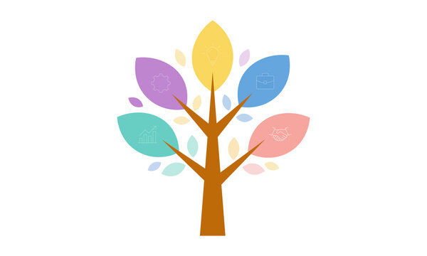 Abstract flat design tree with colorful leaves and thin line icons concept for creative business organization startup growth and ecology vector illustration