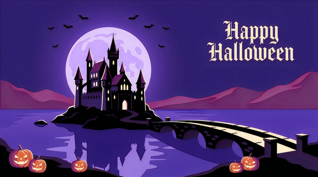Happy halloween greeting with a spooky haunted castle silhouette under a full moon at night isolated on transparent background, Vector
